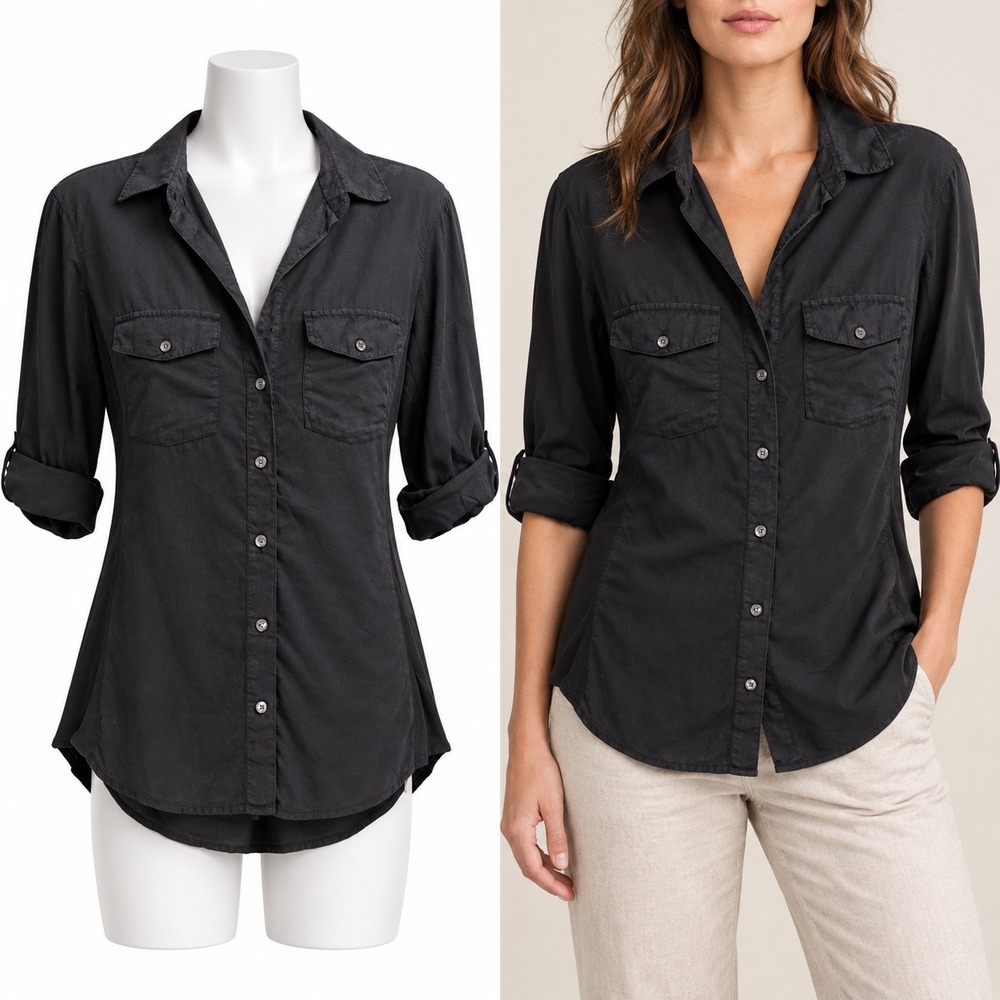 James Perse Shirt Women Large 3 Black Utility Shirt Supima Cotton Ribbed Pockets
